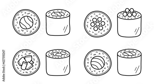 Sushi rolls set. Collection of different types of maki sushi. Sake maki, Ikura maki, Kappa Maki and Tuna (Maguro) maki. Hand-drawn doodle vector illustration isolated on white.