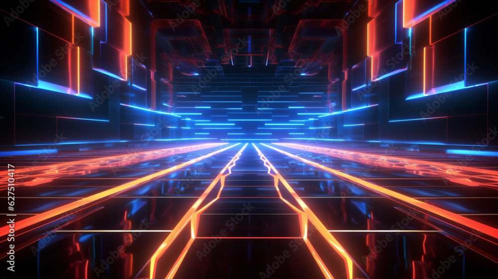 Futuristic cyberspace backgrounds in neon colors. Neon and futuristic maps and roads. Futuristic spaces.