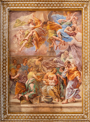 NAPLES, ITALY - APRIL 20, 2023: The fresco of Nativity of Virgin Mary in church Basilica di Santa Maria degli Angeli a Pizzofalcone by Giovan Battista Beinaschi (1668-1675).