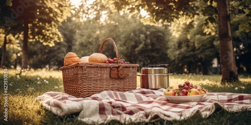 Picnic park, sunlight bathes a well-prepared picnic, highlighting wicker basket filled with succulent fruits and a metal container, all set on a classic striped blanket in a verdant park.