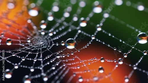 Closeup of spider web with dew drops,  adorned with glistening dewdrops, capturing reflections amidst a vibrant backdrop,  glistens with captured raindrops, weaving a delicate pattern