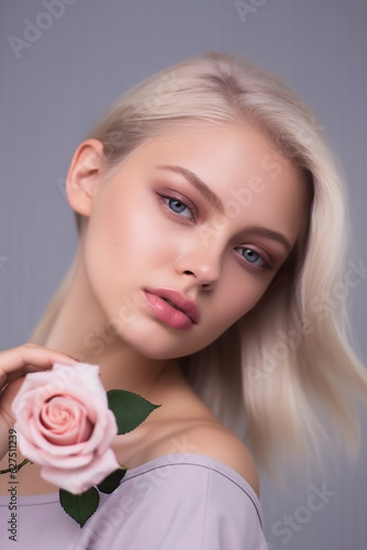 Charming  young girl  with perfect makeup. Photo of blonde girl  with rose  on grey  background. Skin care concept   
