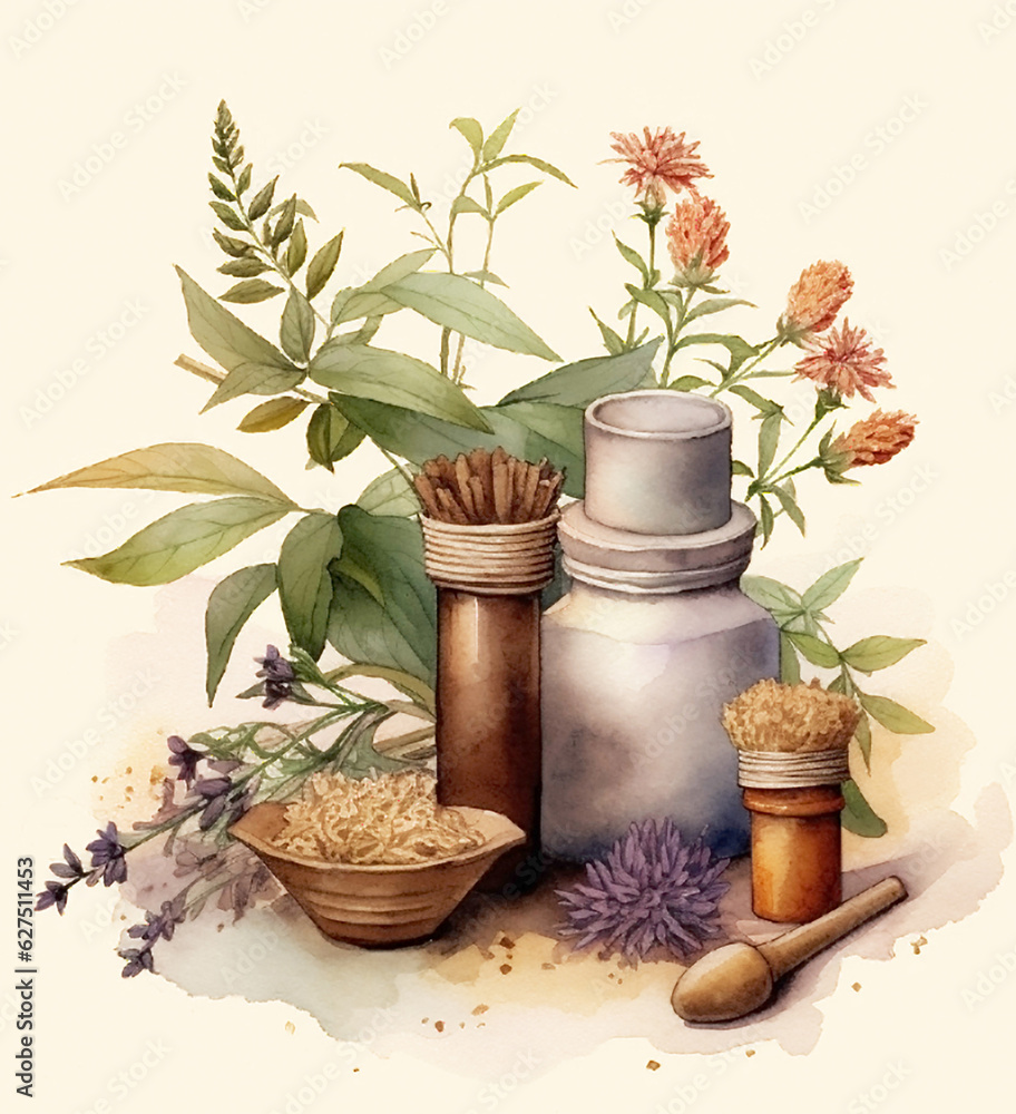 botanical illustration with plants chinese medicine and cosmetics