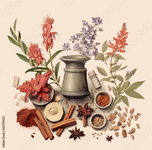 botanical illustration with plants chinese medicine and cosmetics