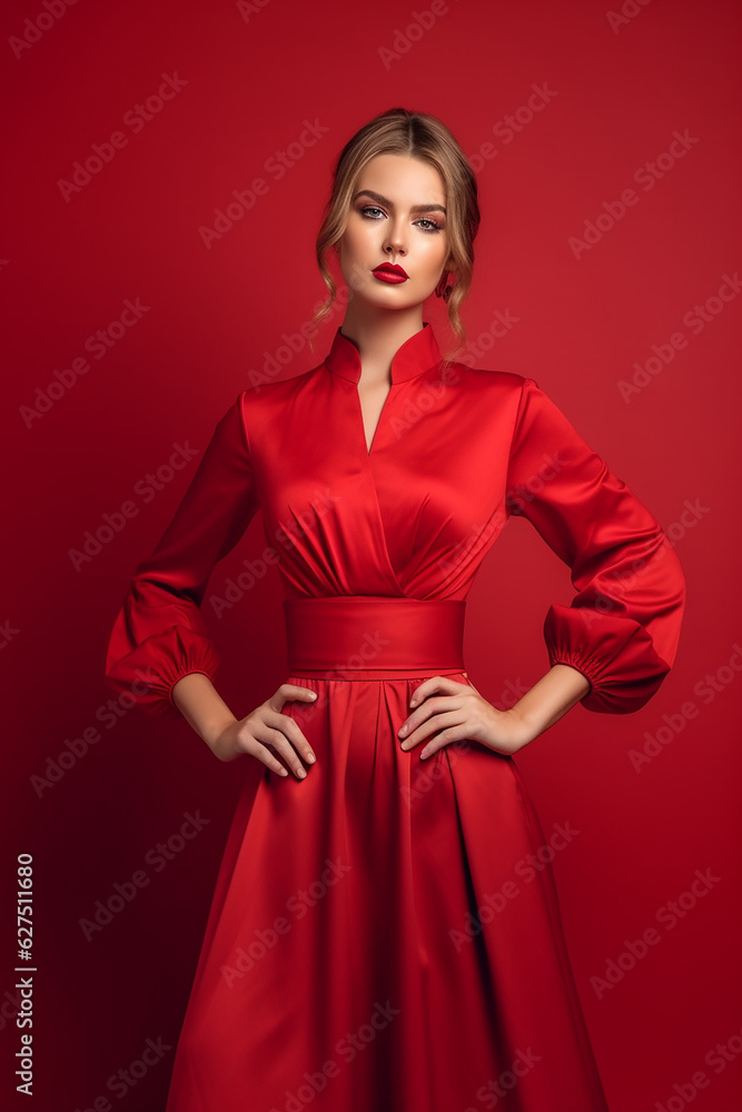 oung beautiful, slender, woman, in a fashionable, red dress, with lush sleeves. Woman posing, on a red background. Advertising, of fashionable, womens clothing, 