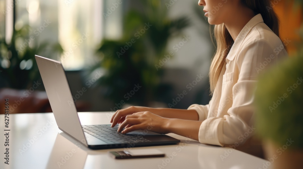 Young woman, girl student using laptop elearning or remote working at home office using laptop. Young woman, girl student using laptop elearning or remote working at home office using laptop.