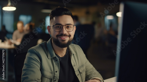 Modern Office, Portrait, of Stylish Hispanic, Businessman, Works on Laptop, Does Data, Analysis, and Creative, Designer, Looks at Camera, and Smiles. Digital, Entrepreneur, Works ,on e-Commerce, Start