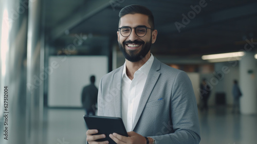 Smiling Young, Middle Eastern, Man With Digital, Tablet, In Hands, Posing, At Airport, Terminal, Successful Millennial, Arab, Businessman, Using Tab, Computer, While Waiting For Flight Boarding,