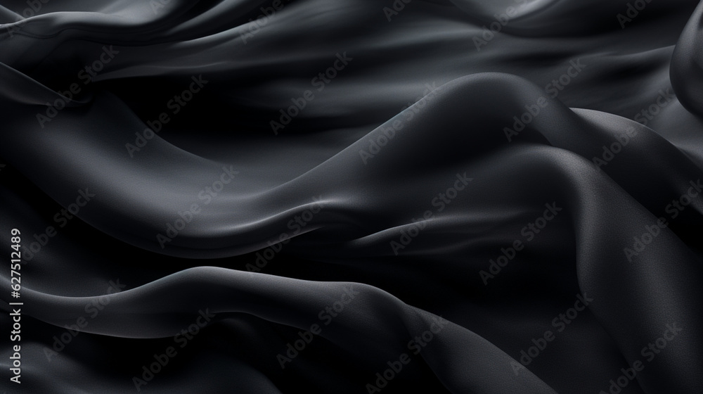 Black chiffon fabric background with fluid shapes and movement.