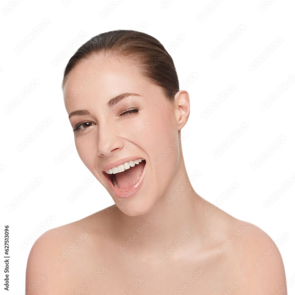 Skincare, beauty and face of a woman with a happy smile, wink and clean skin on a png, transparent and isolated or mockup background. Portrait of good hygiene, health and wellness Skincare, beauty and face of a woman with a happy smile, wink and clean skin on a png, transparent and isolated or mockup background. Portrait of good hygiene, health and wellness