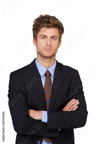 Business man, serious portrait and suit with corporate confidence isolated on a transparent, png background. Work, professional and young male person with worker and job pride with lawyer employee