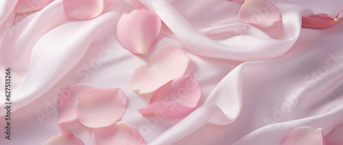 Fototapeta Naklejka Na Ścianę i Meble -  Pink roses and pink rose petals on soft silk. Valentine's day, wedding, Mother's day background, digital ai