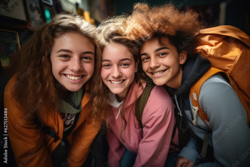 A group of teenagers with backpacks in happy style back to school A group of teenagers with backpacks in happy style back to school