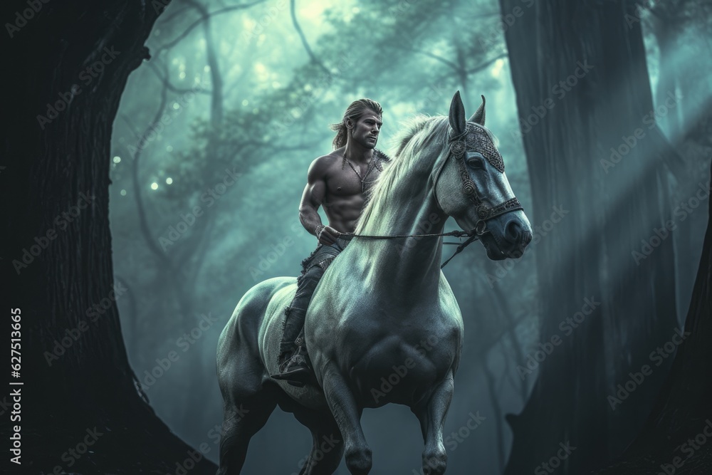 Majestic centaur, human and equine harmony in magical forest., generative IA
