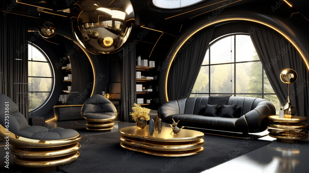 Futuristic rooms in large, luxurious and illuminated spaces. Futuristic, elegant and large sofas and beds. Architecture of the future, elegant, luxurious and minimalist. Rooms in a spaceship.