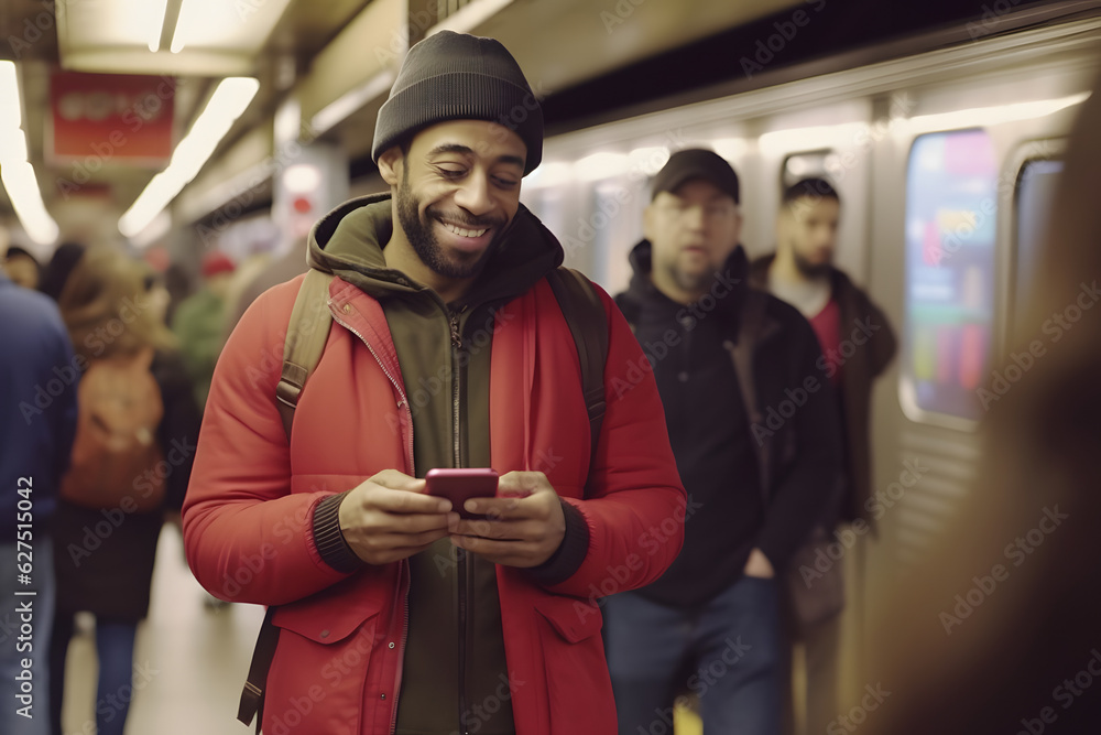 Modern Commuting: Black  Men Embracing Connectivity on Subway Public Transportation