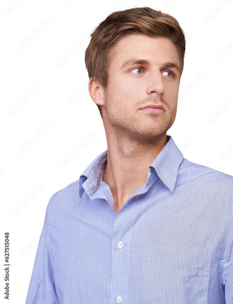 Business man, thinking and face closeup with consulting job isolated on a transparent, png background. Worker, professional and idea of a male employee with company consultant work thought and career Business man, thinking and face closeup with consulting job isolated on a transparent, png background. Worker, professional and idea of a male employee with company consultant work thought and career