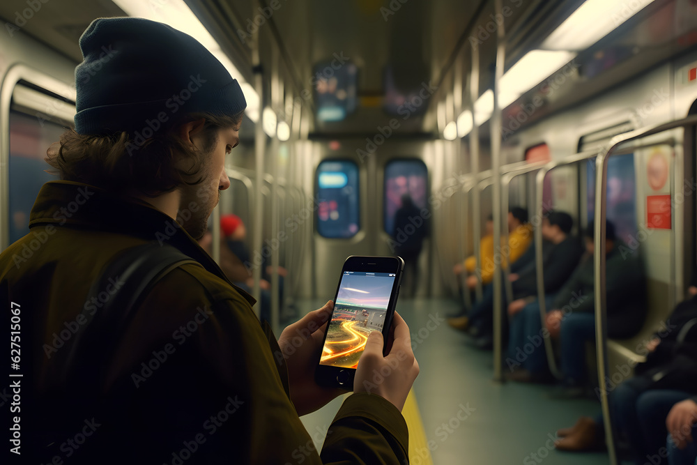 Modern Commuting: Men Embracing Connectivity on Subway Public Transportation