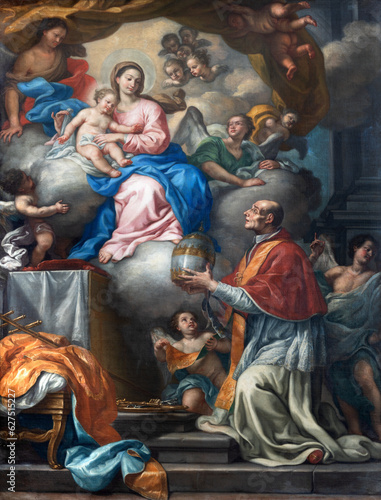 NAPLES, ITALY - APRIL 20, 2023: The painting of Celestine V renouncing the papacy in the church Chiesa dell' Ascensione a Chiaia by Alfonso di Spigna (1697-1785). 