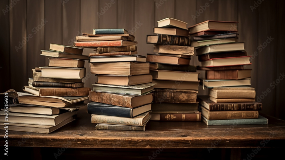 Stacks of old books. Wooden surfaces with old books placed on top of each other. Stacks of old books. Wooden surfaces with old books placed on top of each other.