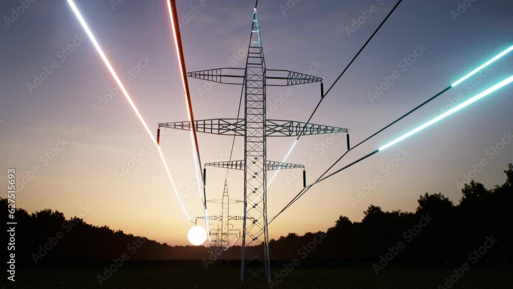 Tilt up shot of energy stream flowing through metal pole high voltage power lines over sunrise horizon sky. Electric wires transmitting electricity obtained from renewable sources, 3D render animation