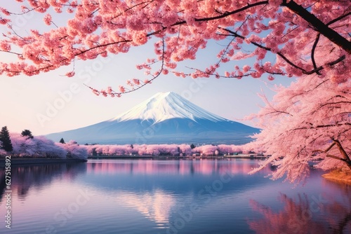 Fotobehang Mount Fuji with pink trees travel destination