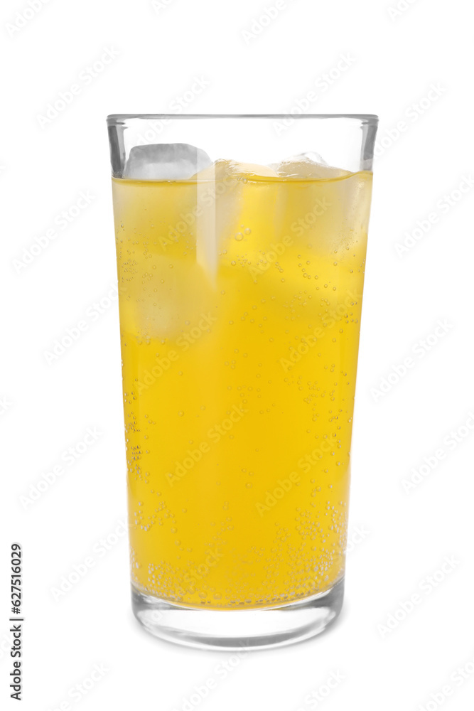 Glass of orange soda water with ice cubes isolated on white Glass of orange soda water with ice cubes isolated on white