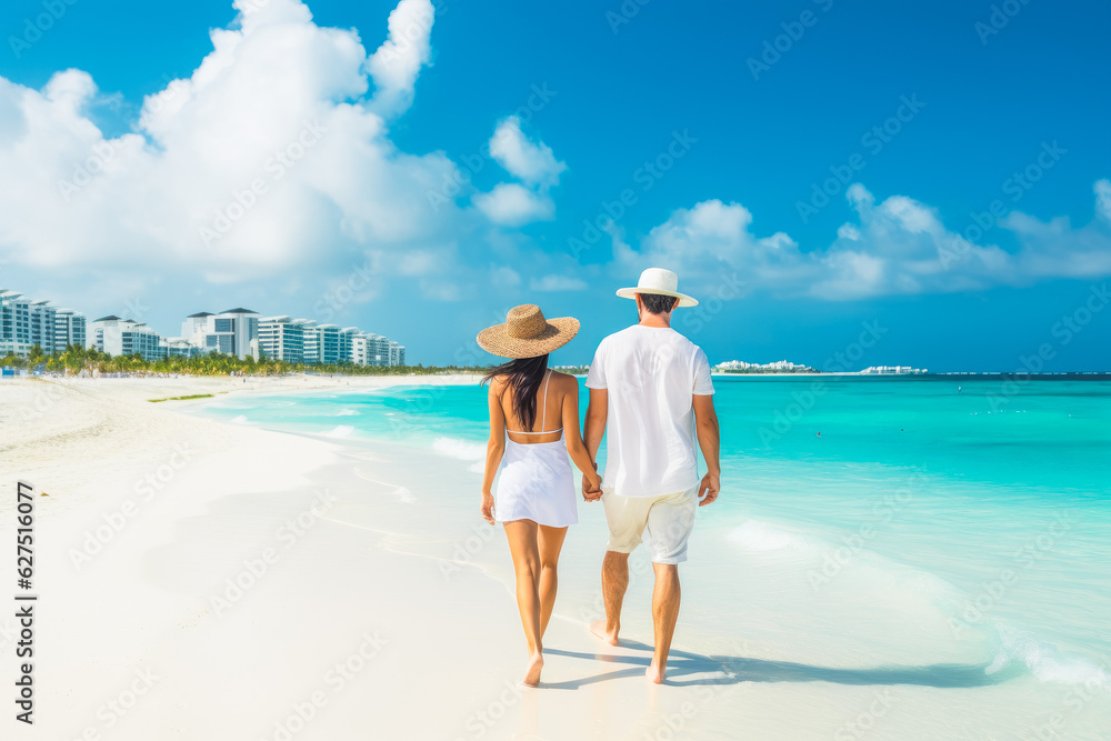 Cancun travel destination. Two tourists walking on beach front view. Tour tourism exploring. - obrazy, fototapety, plakaty 