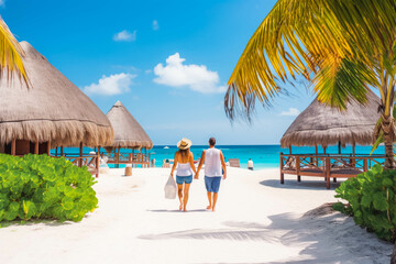 Cancun travel destination. Two tourists walking on beach front view. Tour tourism exploring.
