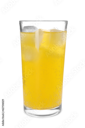 Glass of orange soda water with ice cubes isolated on white