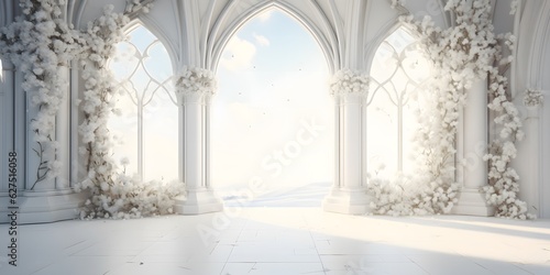 Canvastavla white room with arch and flowers in the wall