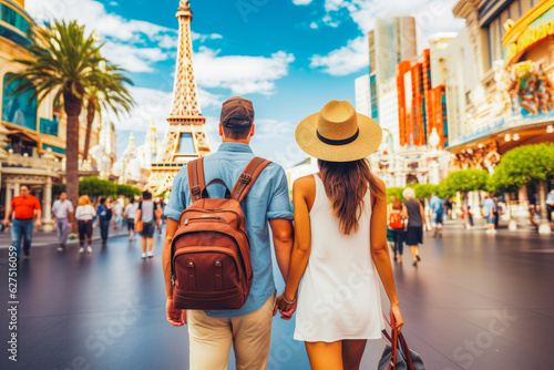 Las Vegas travel destination. Two tourists walking through city front view. Tour tourism exploring.