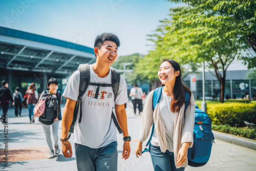 Shenzen travel destination. Two tourists walking through city front view. Tour tourism exploring.