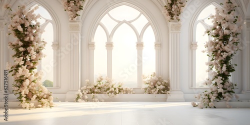 Fotografiet white room with arch and flowers in the wall