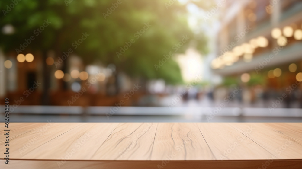 Empty minimalist wooden table with market in the background to promote products. Clean background to display products.
Empty minimalist wooden table with market in the background to promote products. Clean background to display products.