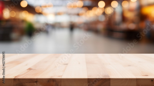 Empty minimalist wooden table with market in the background to promote products. Clean background to display products. 