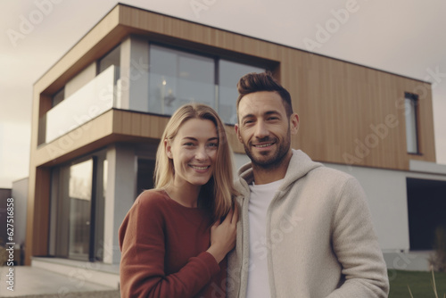 Happy couple next to the new build or purchased house Generative AI