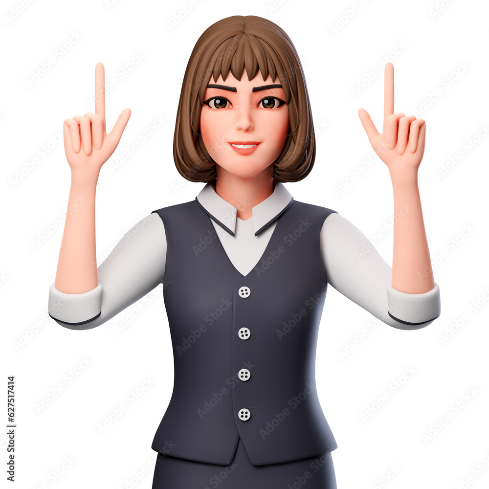 3D Illustration of Business woman pointing upwards using both hands 3D Illustration of Business woman pointing upwards using both hands
