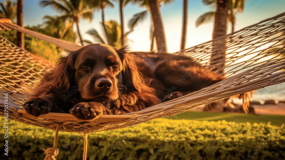 Holiday dog. Dog swimming in the sea and in the pool. Dog sleeping in the sun. Dog lying in a hammock sunbathing under an umbrella. Dog with glasses and hat.