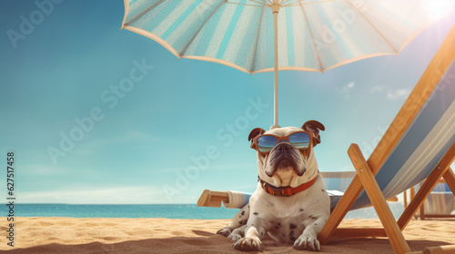 Holiday dog. Dog swimming in the sea and in the pool. Dog sleeping in the sun. Dog lying in a hammock sunbathing under an umbrella. Dog with glasses and hat. © Moon Project