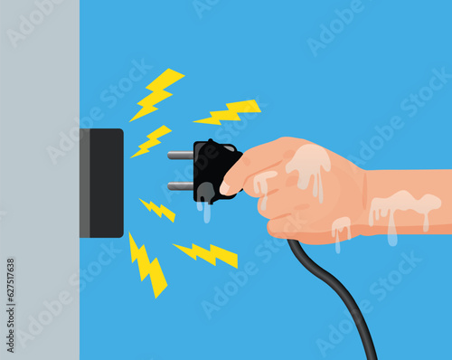 Wet hands plugging in the power, Dangerous from water danger to life and property , safety first

