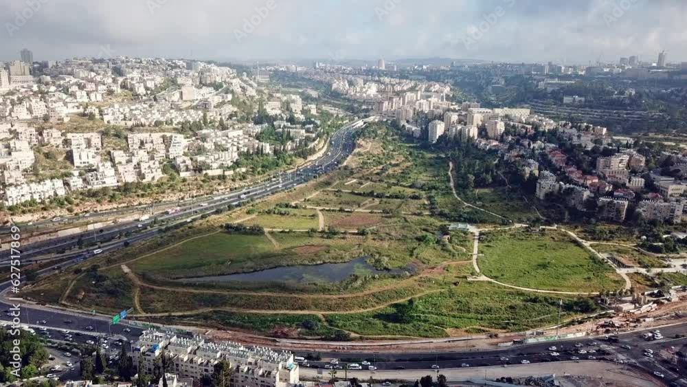 Jerusalem buildings traffic and green landscape wide shot aerial Jerusalem buildings traffic and green landscape wide shot aerial