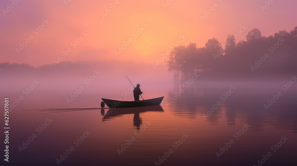 An image of a lone fisherman on a small boat on a misty lake at dawn.
