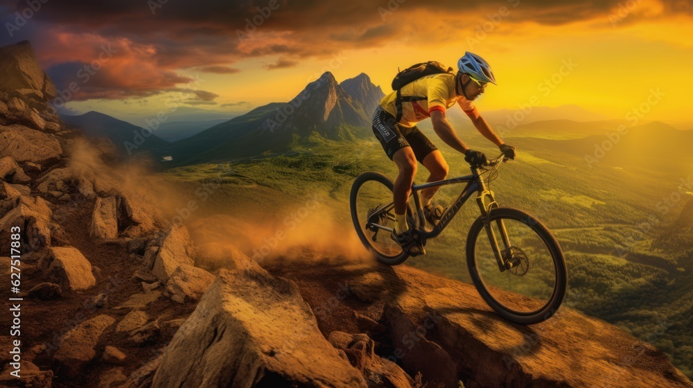 cyclist riding on a mountain path during sunset, mountain biker skillfully navigates a rugged trail atop a high altitude terrain, with a breathtaking view of towering peaks and a radiant sunset sky cyclist riding on a mountain path during sunset, mountain biker skillfully navigates a rugged trail atop a high altitude terrain, with a breathtaking view of towering peaks and a radiant sunset sky