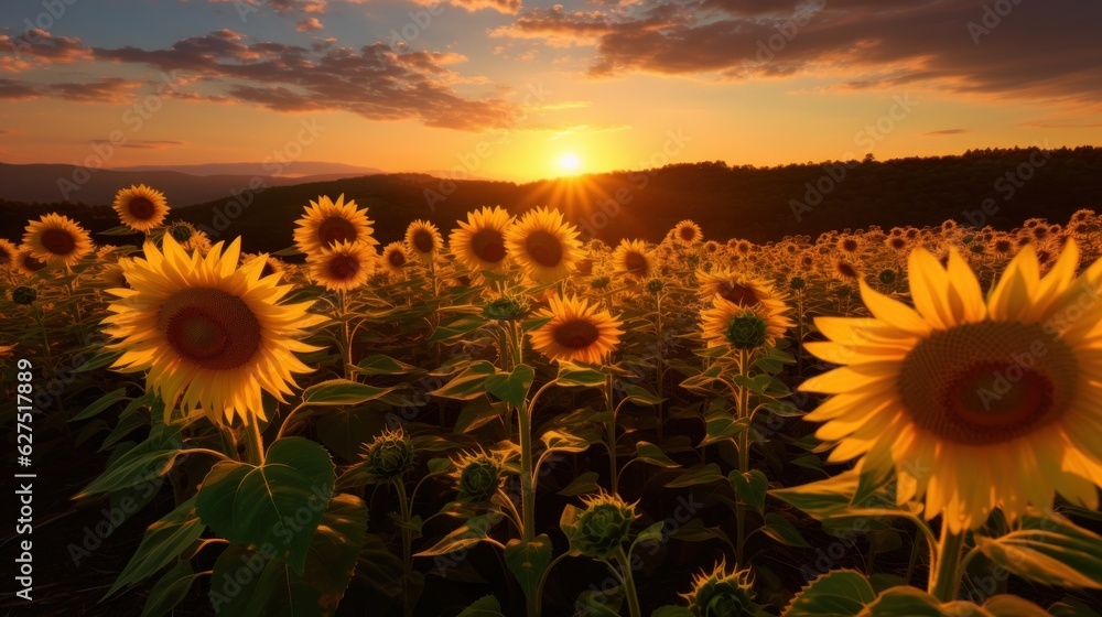 An image of a vast sunflower field, with the sun setting in the background.
