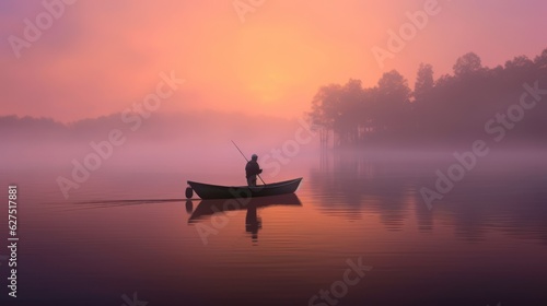 An image of a lone fisherman on a small boat on a misty lake at dawn. © DigitalArt