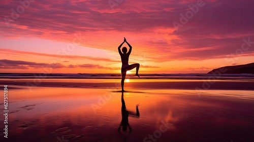 A solitary figure practicing yoga on a sandy beach during sunrise.