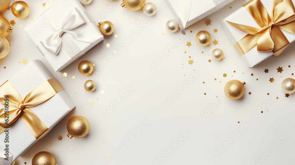 Fototapeta premium Elegant, gold and white gift backgrounds. Backgrounds of beautiful Christmas gifts.