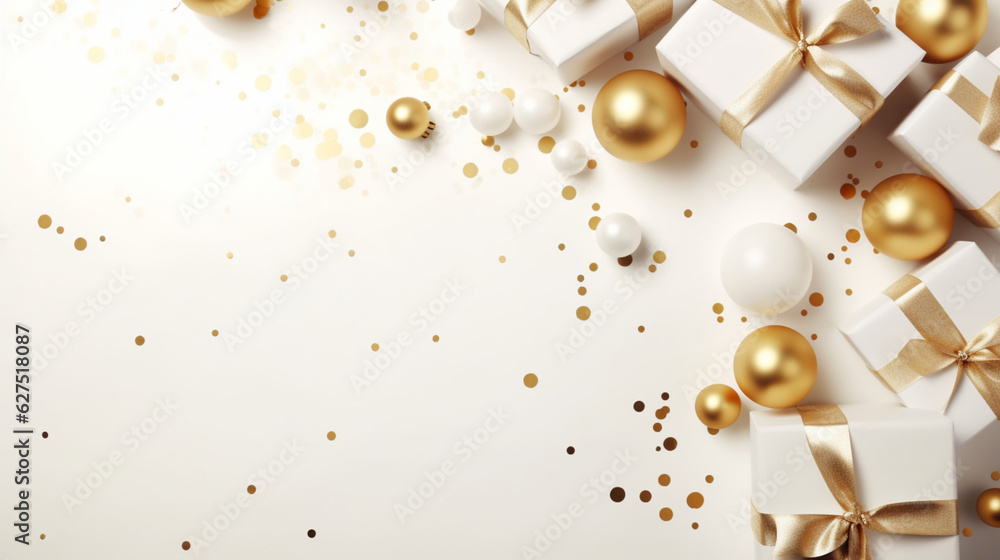Obraz premium Elegant, gold and white gift backgrounds. Backgrounds of beautiful Christmas gifts.