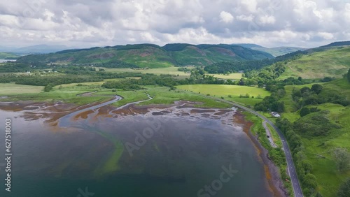 Loch Feochan and Feochan Bheag River from a drone, Feochan Glen, Oban, Argyll and Bute, West Highlands, Scotland  photo